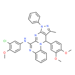 ChemSpider 2D Image | N-(3-Chloro-4-methoxyphenyl)-11-(3,4-dimethoxyphenyl)-10-methyl-8-phenyl-8,11-dihydropyrazolo[3',4':4,5]pyrimido[1,2-a]quinoxalin-6-amine | C34H29ClN6O3