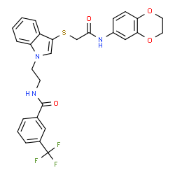 ChemSpider 2D Image | N-[2-(3-{[2-(2,3-Dihydro-1,4-benzodioxin-6-ylamino)-2-oxoethyl]sulfanyl}-1H-indol-1-yl)ethyl]-3-(trifluoromethyl)benzamide | C28H24F3N3O4S
