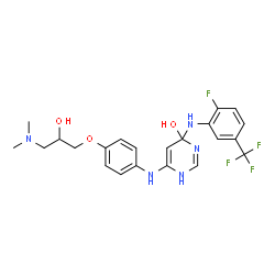 ChemSpider 2D Image | 6-({4-[3-(Dimethylamino)-2-hydroxypropoxy]phenyl}amino)-4-{[2-fluoro-5-(trifluoromethyl)phenyl]amino}-1,4-dihydro-4-pyrimidinol | C22H25F4N5O3