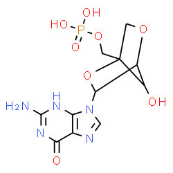 ChemSpider 2D Image | 2-Amino-9-{2,5-anhydro-4-[(phosphonooxy)methyl]pentofuranosyl}-3,9-dihydro-6H-purin-6-one | C11H14N5O8P