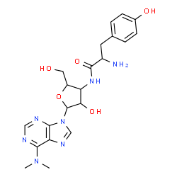 ChemSpider 2D Image | 2-Amino-N-{5-[6-(dimethylamino)-9H-purin-9-yl]-4-hydroxy-2-(hydroxymethyl)tetrahydro-3-furanyl}-3-(4-hydroxyphenyl)propanamide | C21H27N7O5