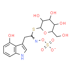 ChemSpider 2D Image | 1-S-[2-(4-Hydroxy-1H-indol-3-yl)-N-(sulfonatooxy)ethanimidoyl]-1-thiohexopyranose | C16H19N2O10S2