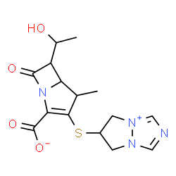 ChemSpider 2D Image | 3-(6,7-Dihydro-5H-pyrazolo[1,2-a][1,2,4]triazol-4-ium-6-ylsulfanyl)-6-(1-hydroxyethyl)-4-methyl-7-oxo-1-azabicyclo[3.2.0]hept-2-ene-2-carboxylate | C15H18N4O4S