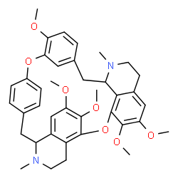 ChemSpider 2D Image | 10,11,15,16,27-Pentamethoxy-4,21-dimethyl-13,29-dioxa-4,21-diazaheptacyclo[28.2.2.1~14,18~.1~24,28~.0~3,8~.0~7,12~.0~22,36~]hexatriaconta-1(32),7,9,11,14(36),15,17,24(35),25,27,30,33-dodecaene | C39H44N2O7