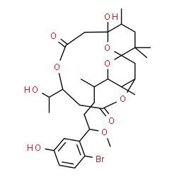 ChemSpider 2D Image | 3-[5-(2-Bromo-5-hydroxyphenyl)-5-methoxy-2-pentanyl]-13-hydroxy-9-(1-hydroxyethyl)-4,14,16,16-tetramethyl-2,6,10,17-tetraoxatricyclo[11.3.1.1~1,5~]octadecane-7,11-dione | C32H47BrO10