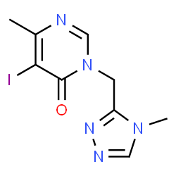ChemSpider 2D Image | 5-Iodo-6-methyl-3-[(4-methyl-4H-1,2,4-triazol-3-yl)methyl]-4(3H)-pyrimidinone | C9H10IN5O