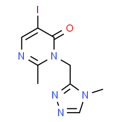 ChemSpider 2D Image | 5-Iodo-2-methyl-3-[(4-methyl-4H-1,2,4-triazol-3-yl)methyl]-4(3H)-pyrimidinone | C9H10IN5O