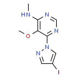 ChemSpider 2D Image | 6-(4-Iodo-1H-pyrazol-1-yl)-5-methoxy-N-methyl-4-pyrimidinamine | C9H10IN5O