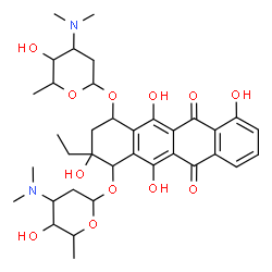 ChemSpider 2D Image | 2-Ethyl-2,5,7,12-tetrahydroxy-6,11-dioxo-4-{[2,3,6-trideoxy-3-(dimethylamino)hexopyranosyl]oxy}-1,2,3,4,6,11-hexahydro-1-tetracenyl 2,3,6-trideoxy-3-(dimethylamino)hexopyranoside | C36H48N2O12
