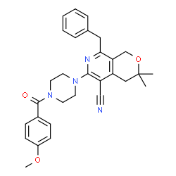 ChemSpider 2D Image | 8-Benzyl-6-[4-(4-methoxybenzoyl)-1-piperazinyl]-3,3-dimethyl-3,4-dihydro-1H-pyrano[3,4-c]pyridine-5-carbonitrile | C30H32N4O3