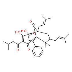 ChemSpider 2D Image | 3-[4-Hydroxy-8,8-dimethyl-3-(3-methylbutanoyl)-5,7-bis(3-methyl-2-buten-1-yl)-2,9-dioxobicyclo[3.3.1]non-3-en-1-yl]-3-phenylpropanoic acid | C35H46O6