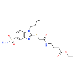 ChemSpider 2D Image | Ethyl 4-({[(1-butyl-5-sulfamoyl-1H-benzimidazol-2-yl)sulfanyl]acetyl}amino)butanoate | C19H28N4O5S2