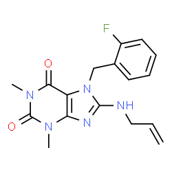 ChemSpider 2D Image | 8-(Allylamino)-7-(2-fluorobenzyl)-1,3-dimethyl-3,7-dihydro-1H-purine-2,6-dione | C17H18FN5O2