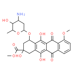 ChemSpider 2D Image | Methyl 4-[(3-amino-2,3,6-trideoxyhexopyranosyl)oxy]-2,5,12-trihydroxy-7-methoxy-6,11-dioxo-1,2,3,4,6,11-hexahydro-2-tetracenecarboxylate | C27H29NO11