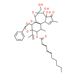 ChemSpider 2D Image | 6,7-Dihydroxy-8-(hydroxymethyl)-16-isopropenyl-4,18-dimethyl-5-oxo-14-phenyl-9,13,15,19-tetraoxahexacyclo[12.4.1.0~1,11~.0~2,6~.0~8,10~.0~12,16~]nonadec-3-en-17-yl 2,4-decadienoate | C37H44O10