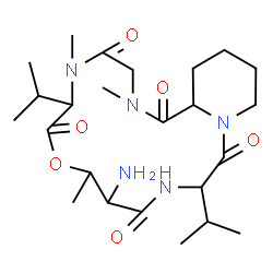 ChemSpider 2D Image | 10-Amino-6,13-diisopropyl-2,5,9-trimethyldodecahydropyrido[2,1-i][1,4,7,10,13]oxatetraazacyclohexadecine-1,4,7,11,14(16H)-pentone | C24H41N5O6