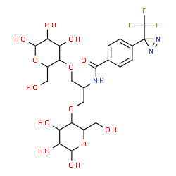 ChemSpider 2D Image | N-(1,3-Bis{[4,5,6-trihydroxy-2-(hydroxymethyl)tetrahydro-2H-pyran-3-yl]oxy}-2-propanyl)-4-[3-(trifluoromethyl)-3H-diaziren-3-yl]benzamide | C24H32F3N3O13