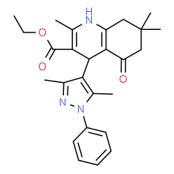 ChemSpider 2D Image | Ethyl 4-(3,5-dimethyl-1-phenyl-1H-pyrazol-4-yl)-2,7,7-trimethyl-5-oxo-1,4,5,6,7,8-hexahydro-3-quinolinecarboxylate | C26H31N3O3