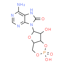 ChemSpider 2D Image | 6-Amino-9-(2,7-dihydroxy-2-oxidotetrahydro-4H-furo[3,2-d][1,3,2]dioxaphosphinin-6-yl)-7,9-dihydro-8H-purin-8-one | C10H12N5O7P