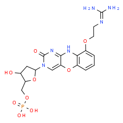 ChemSpider 2D Image | 3-(2-Deoxy-5-O-phosphonopentofuranosyl)-9-{2-[(diaminomethylene)amino]ethoxy}-3H-pyrimido[5,4-b][1,4]benzoxazin-2(10H)-one | C18H23N6O9P