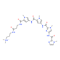 ChemSpider 2D Image | N,N-Dimethyl-3-({N-[(1-methyl-4-{[(1-methyl-4-{[(1-methyl-4-{[(1-methyl-1H-imidazol-2-yl)carbonyl]amino}-1H-imidazol-2-yl)carbonyl]amino}-1H-pyrrol-2-yl)carbonyl]amino}-1H-pyrrol-2-yl)carbonyl]-beta-a
lanyl}amino)-1-propanaminium | C30H41N12O5