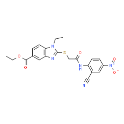 ChemSpider 2D Image | Ethyl 2-({2-[(2-cyano-4-nitrophenyl)amino]-2-oxoethyl}sulfanyl)-1-ethyl-1H-benzimidazole-5-carboxylate | C21H19N5O5S