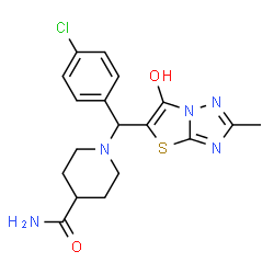 ChemSpider 2D Image | 1-[(4-Chlorophenyl)(6-hydroxy-2-methyl[1,3]thiazolo[3,2-b][1,2,4]triazol-5-yl)methyl]-4-piperidinecarboxamide | C18H20ClN5O2S