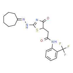 ChemSpider 2D Image | 2-[2-(2-Cycloheptylidenehydrazino)-4-oxo-4,5-dihydro-1,3-thiazol-5-yl]-N-[2-(trifluoromethyl)phenyl]acetamide | C19H21F3N4O2S
