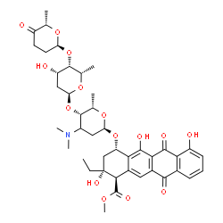 ChemSpider 2D Image | Methyl (1R,2R,4S)-2-ethyl-2,5,7-trihydroxy-6,11-dioxo-4-{[(3xi)-2,3,6-trideoxy-4-O-{2,6-dideoxy-4-O-[(2R,6S)-6-methyl-5-oxotetrahydro-2H-pyran-2-yl]-alpha-L-lyxo-hexopyranosyl}-3-(dimethylamino)-alpha
-L-threo-hexopyranosyl]oxy}-1,2,3,4,6,11-hexahydro-1-tetracenecarboxylate | C42H53NO15