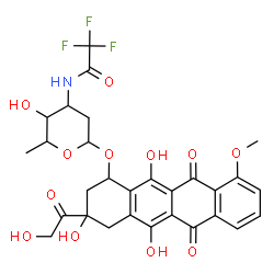 ChemSpider 2D Image | 3-Glycoloyl-3,5,12-trihydroxy-10-methoxy-6,11-dioxo-1,2,3,4,6,11-hexahydro-1-tetracenyl 2,3,6-trideoxy-3-[(trifluoroacetyl)amino]hexopyranoside | C29H28F3NO12