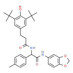 ChemSpider 2D Image | N-[2-(1,3-Benzodioxol-5-ylamino)-1-(4-methylphenyl)-2-oxoethyl]-3-[4-hydroxy-3,5-bis(2-methyl-2-propanyl)phenyl]propanamide | C33H40N2O5