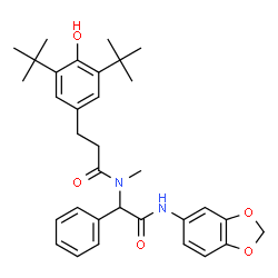 ChemSpider 2D Image | N-[2-(1,3-Benzodioxol-5-ylamino)-2-oxo-1-phenylethyl]-3-[4-hydroxy-3,5-bis(2-methyl-2-propanyl)phenyl]-N-methylpropanamide | C33H40N2O5
