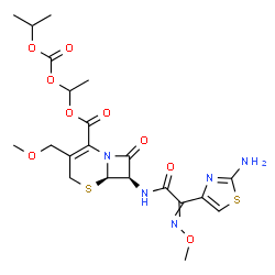 ChemSpider 2D Image | 1-[(Isopropoxycarbonyl)oxy]ethyl (6R,7R)-7-{[(2-amino-1,3-thiazol-4-yl)(methoxyimino)acetyl]amino}-3-(methoxymethyl)-8-oxo-5-thia-1-azabicyclo[4.2.0]oct-2-ene-2-carboxylate | C21H27N5O9S2