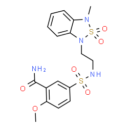 ChemSpider 2D Image | 2-Methoxy-5-{[2-(3-methyl-2,2-dioxido-2,1,3-benzothiadiazol-1(3H)-yl)ethyl]sulfamoyl}benzamide | C17H20N4O6S2
