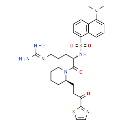 ChemSpider 2D Image | N-[(2S)-5-[(Diaminomethylene)amino]-1-oxo-1-{(2R)-2-[3-oxo-3-(1,3-thiazol-2-yl)propyl]-1-piperidinyl}-2-pentanyl]-5-(dimethylamino)-1-naphthalenesulfonamide | C29H39N7O4S2