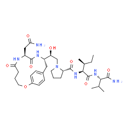 ChemSpider 2D Image | 1-{(2S)-2-[(8S,11S)-8-(2-Amino-2-oxoethyl)-6,9-dioxo-2-oxa-7,10-diazabicyclo[11.2.2]heptadeca-1(15),13,16-trien-11-yl]-2-hydroxyethyl}-L-prolyl-L-isoleucyl-L-valinamide | C34H53N7O8