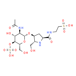 ChemSpider 2D Image | 2-{[(4S,5R)-4-[(2-Acetamido-2-deoxy-4-O-sulfo-beta-D-glucopyranosyl)oxy]-5-(hydroxymethyl)-L-prolyl]amino}ethanesulfonic acid | C16H29N3O14S2