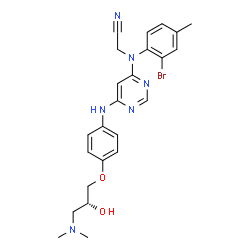 ChemSpider 2D Image | {(2-Bromo-4-methylphenyl)[6-({4-[(2R)-3-(dimethylamino)-2-hydroxypropoxy]phenyl}amino)-4-pyrimidinyl]amino}acetonitrile | C24H27BrN6O2
