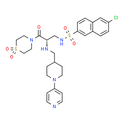 ChemSpider 2D Image | 6-Chloro-N-[(2S)-3-(1,1-dioxido-4-thiomorpholinyl)-3-oxo-2-({[1-(4-pyridinyl)-4-piperidinyl]methyl}amino)propyl]-2-naphthalenesulfonamide | C28H34ClN5O5S2