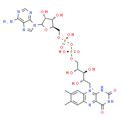 ChemSpider 2D Image | [(2R,3S,4R)-5-(6-aminopurin-9-yl)-3,4-dihydroxy-tetrahydrofuran-2-yl]methyl [[(2R,3S,4S)-5-(7,8-dimethyl-2,4-dioxo-1H-benzo[g]pteridin-10-ium-10-yl)-2,3,4-trihydroxy-pentoxy]-hydroxy-phosphoryl] hydrogen phosphate | C27H34N9O15P2