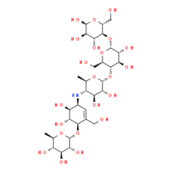 ChemSpider 2D Image | 4,6-Dideoxy-4-{[(1S,4R,5R,6S)-4-[(6-deoxy-alpha-D-glucopyranosyl)oxy]-5,6-dihydroxy-3-(hydroxymethyl)-2-cyclohexen-1-yl]amino}-alpha-D-glucopyranosyl-(1->4)-alpha-D-glucopyranosyl-(1->4)-alpha-D-gluco
pyranose | C31H53NO22