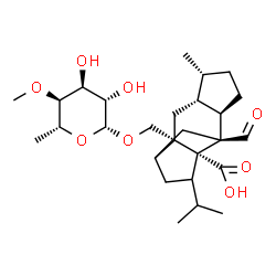 ChemSpider 2D Image | (1R,2S,4R,5R,8R,9S,11S)-2-{[(6-Deoxy-4-O-methyl-beta-D-altropyranosyl)oxy]methyl}-9-formyl-13-isopropyl-5-methyltetracyclo[7.4.0.0~2,11~.0~4,8~]tridecane-1-carboxylic acid | C27H42O8