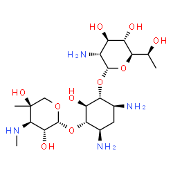 ChemSpider 2D Image | (1S,2S,3R,4S,6R)-4,6-Diamino-3-({(5R)-2-amino-2-deoxy-5-[(1S)-1-hydroxyethyl]-alpha-D-xylopyranosyl}oxy)-2-hydroxycyclohexyl 3-deoxy-4-C-methyl-3-(methylamino)-beta-L-arabinopyranoside | C20H40N4O10