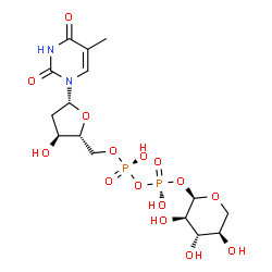 ChemSpider 2D Image | [(2R,3S,5R)-3-Hydroxy-5-(5-methyl-2,4-dioxo-3,4-dihydro-1(2H)-pyrimidinyl)tetrahydro-2-furanyl]methyl (2R,3R,4S,5R)-3,4,5-trihydroxytetrahydro-2H-pyran-2-yl dihydrogen diphosphate | C15H24N2O15P2