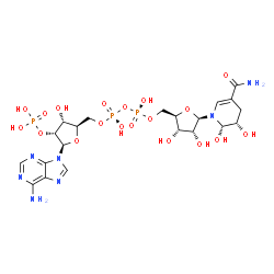 ChemSpider 2D Image | [[(2R,3R,4R,5R)-5-(6-aminopurin-9-yl)-3-hydroxy-4-phosphonooxy-tetrahydrofuran-2-yl]methoxy-hydroxy-phosphoryl] [(2R,3S,4R,5R)-5-[(2S,3S)-5-carbamoyl-2,3-dihydroxy-3,4-dihydro-2H-pyridin-1-yl]-3,4-dihydroxy-tetrahydrofuran-2-yl]methyl hydrogen phosphate | C21H32N7O19P3