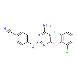 ChemSpider 2D Image | 4-{[4-Amino-6-(2,6-dichlorophenoxy)-1,3,5-triazin-2-yl]amino}benzonitrile | C16H10Cl2N6O