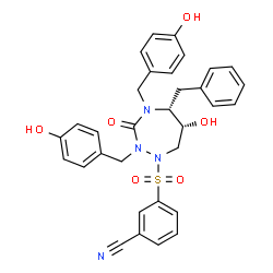 ChemSpider 2D Image | 3-{[(5R,6R)-5-Benzyl-6-hydroxy-2,4-bis(4-hydroxybenzyl)-3-oxo-1,2,4-triazepan-1-yl]sulfonyl}benzonitrile | C32H30N4O6S