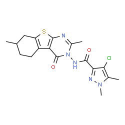 ChemSpider 2D Image | 4-Chloro-N-(2,7-dimethyl-4-oxo-5,6,7,8-tetrahydro[1]benzothieno[2,3-d]pyrimidin-3(4H)-yl)-1,5-dimethyl-1H-pyrazole-3-carboxamide | C18H20ClN5O2S