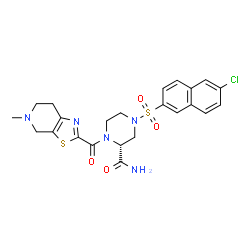 ChemSpider 2D Image | (2R)-4-[(6-Chloro-2-naphthyl)sulfonyl]-1-[(5-methyl-4,5,6,7-tetrahydro[1,3]thiazolo[5,4-c]pyridin-2-yl)carbonyl]-2-piperazinecarboxamide | C23H24ClN5O4S2