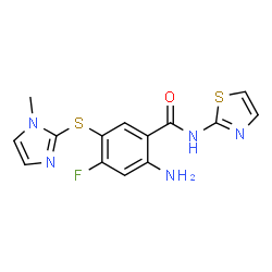 ChemSpider 2D Image | 2-Amino-4-fluoro-5-[(1-methyl-1H-imidazol-2-yl)thio]-N-thiazol-2-ylbenzamide | C14H12FN5OS2